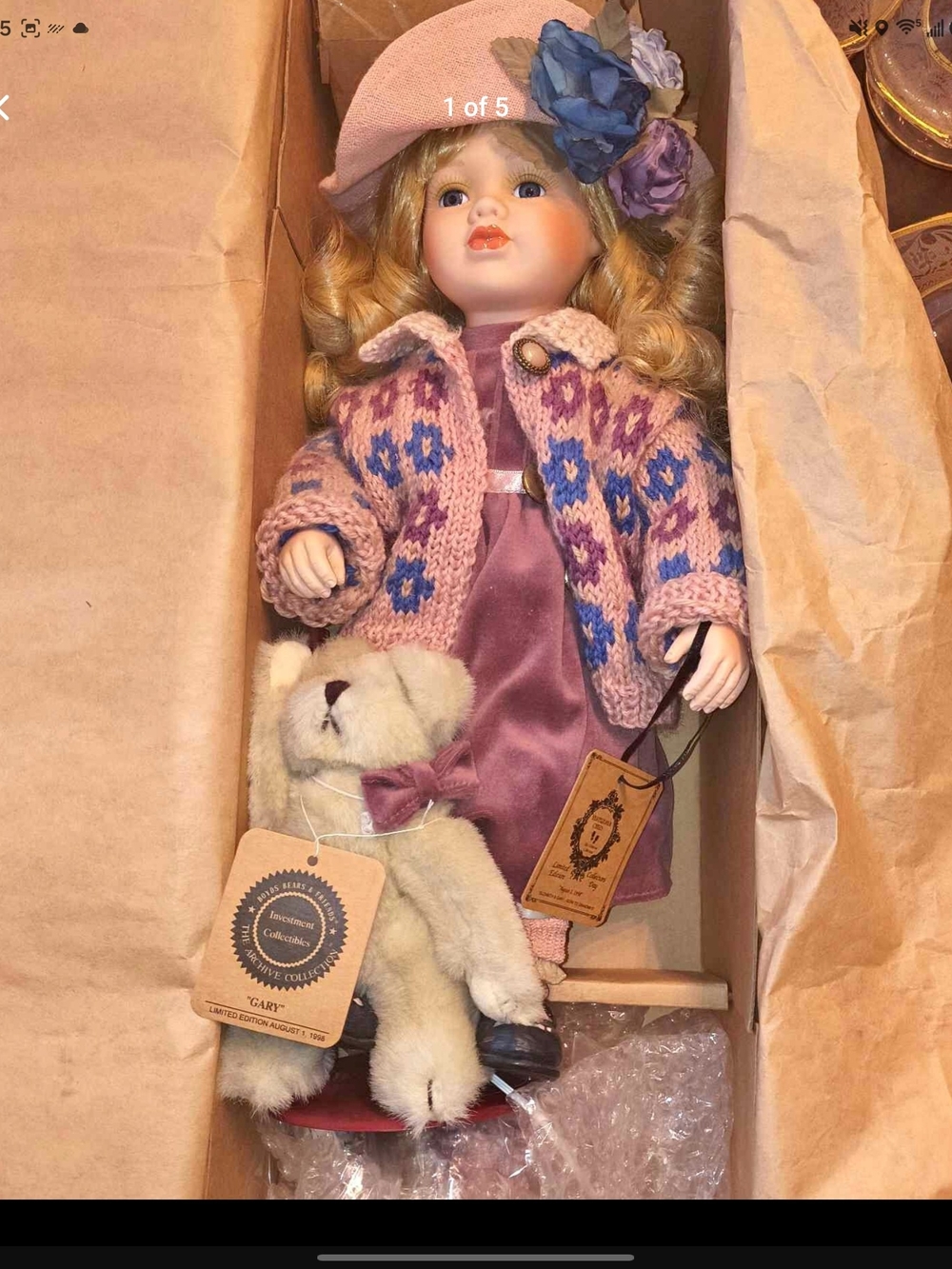 Porcelain Doll in Pink Knit Jacket with Mauve Dress and Matching Hat